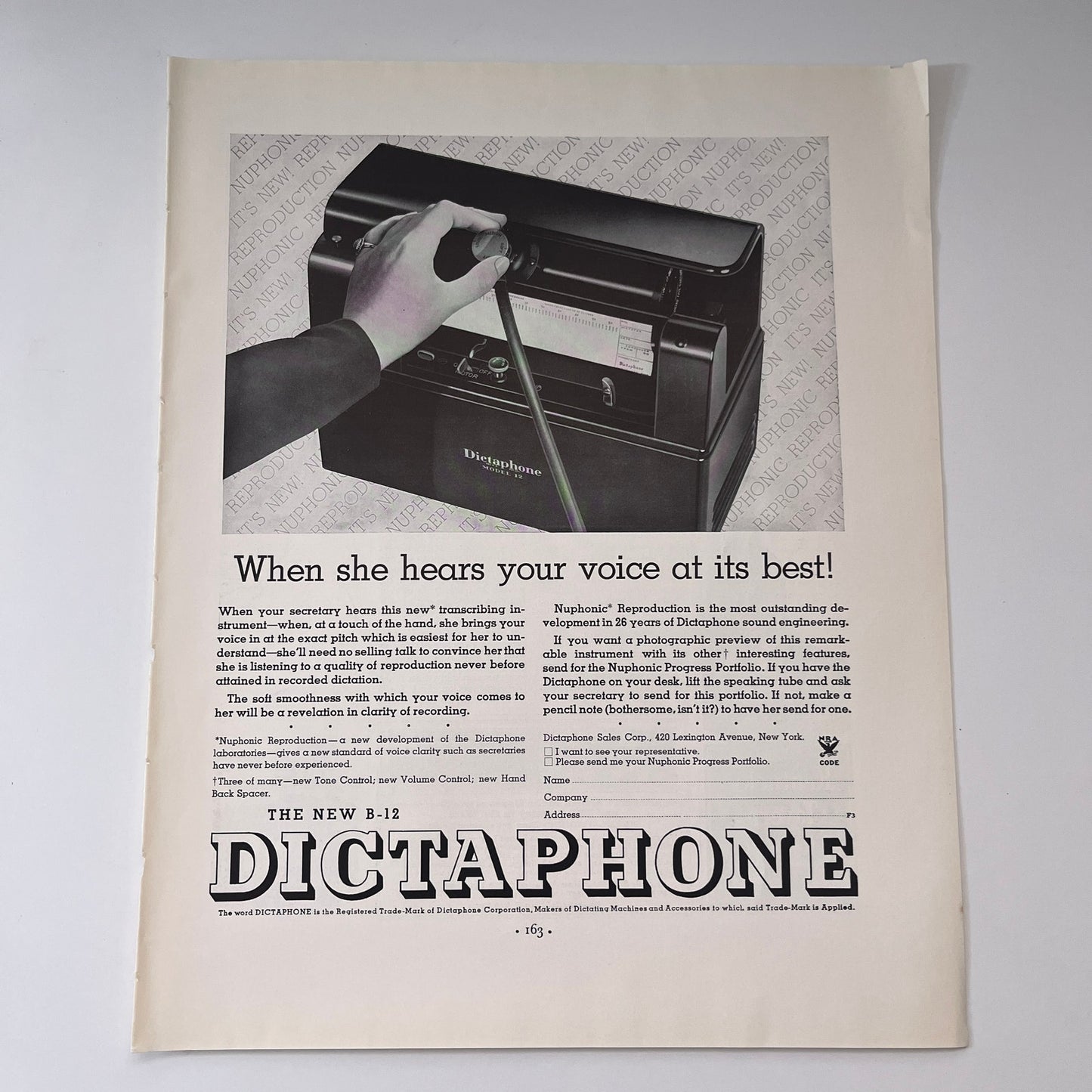 The New B-12 Dictaphone Dictaphone Sales Corp NY 1935 Ad V1-4
