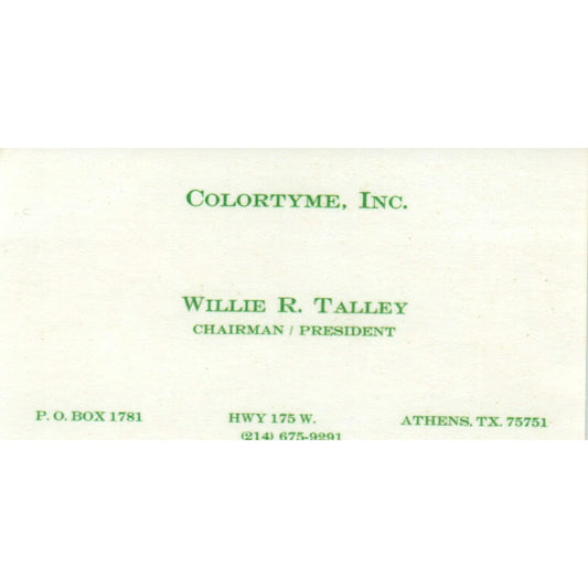 Willie R. Talley Athens TX ColorTyme Rent to Own Vintage Business Card SD8-B5