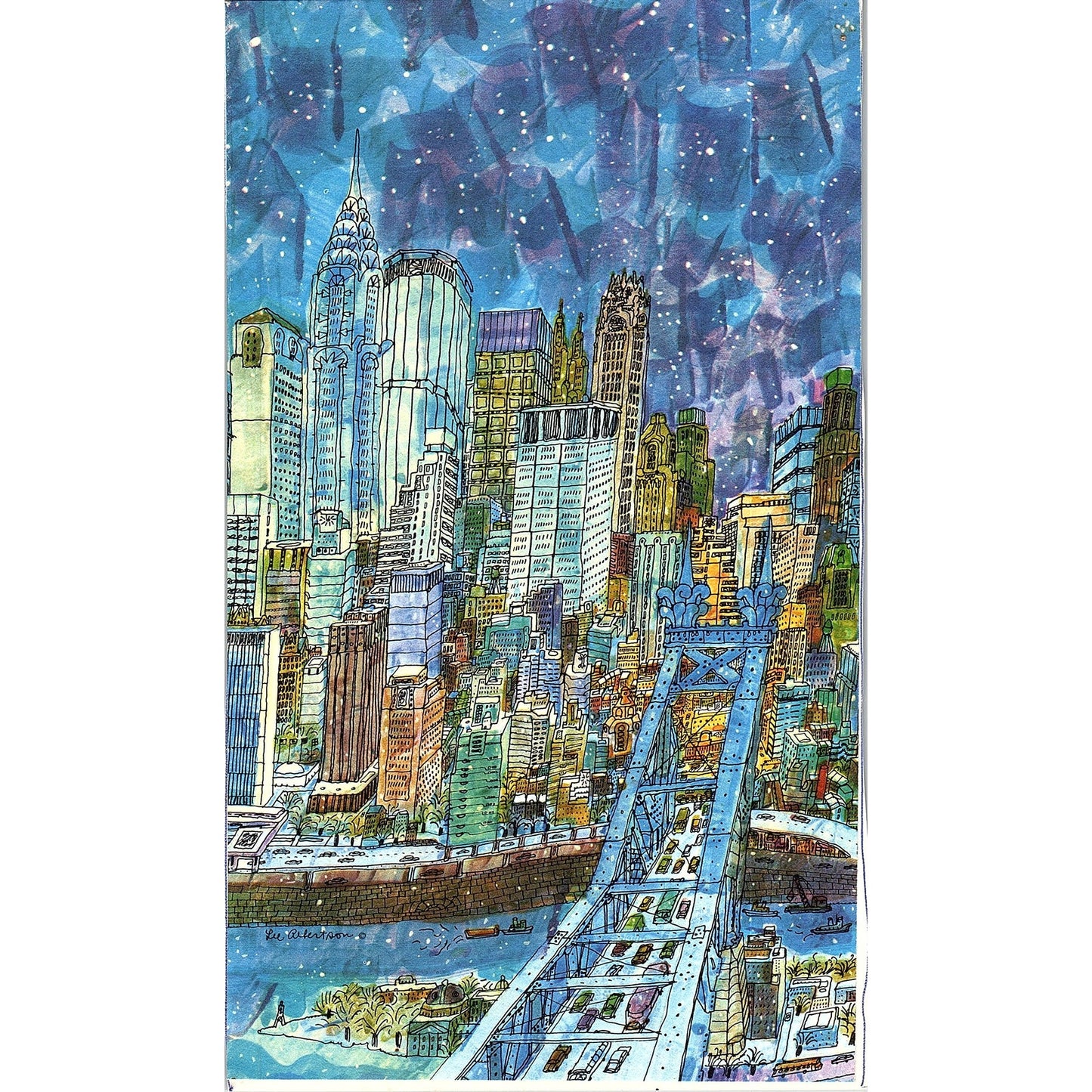 New York Cityscape Illustration Lee Albertson Vintage Art Print 4x7 V12