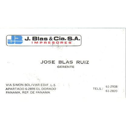 J. Blas & Cia S.A Impresores Jose Blas Ruiz Panama Vintage Business Card SD8-B15