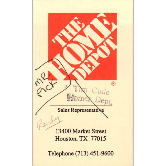 Tim Cude The Home Depot Houston TX Vintage Business Card SD8-B21