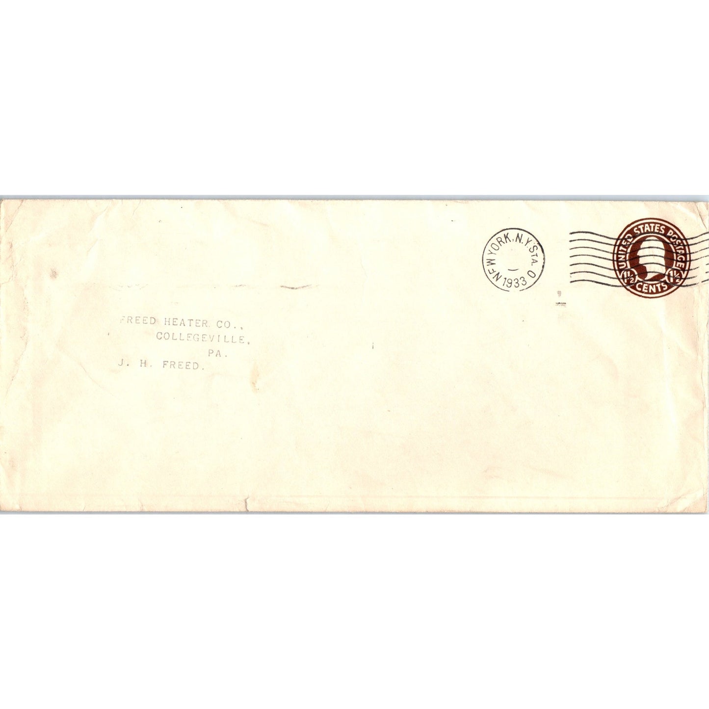 1933 Freed Heater Co Collegeville PA Postal Cover Envelope TH9-L2