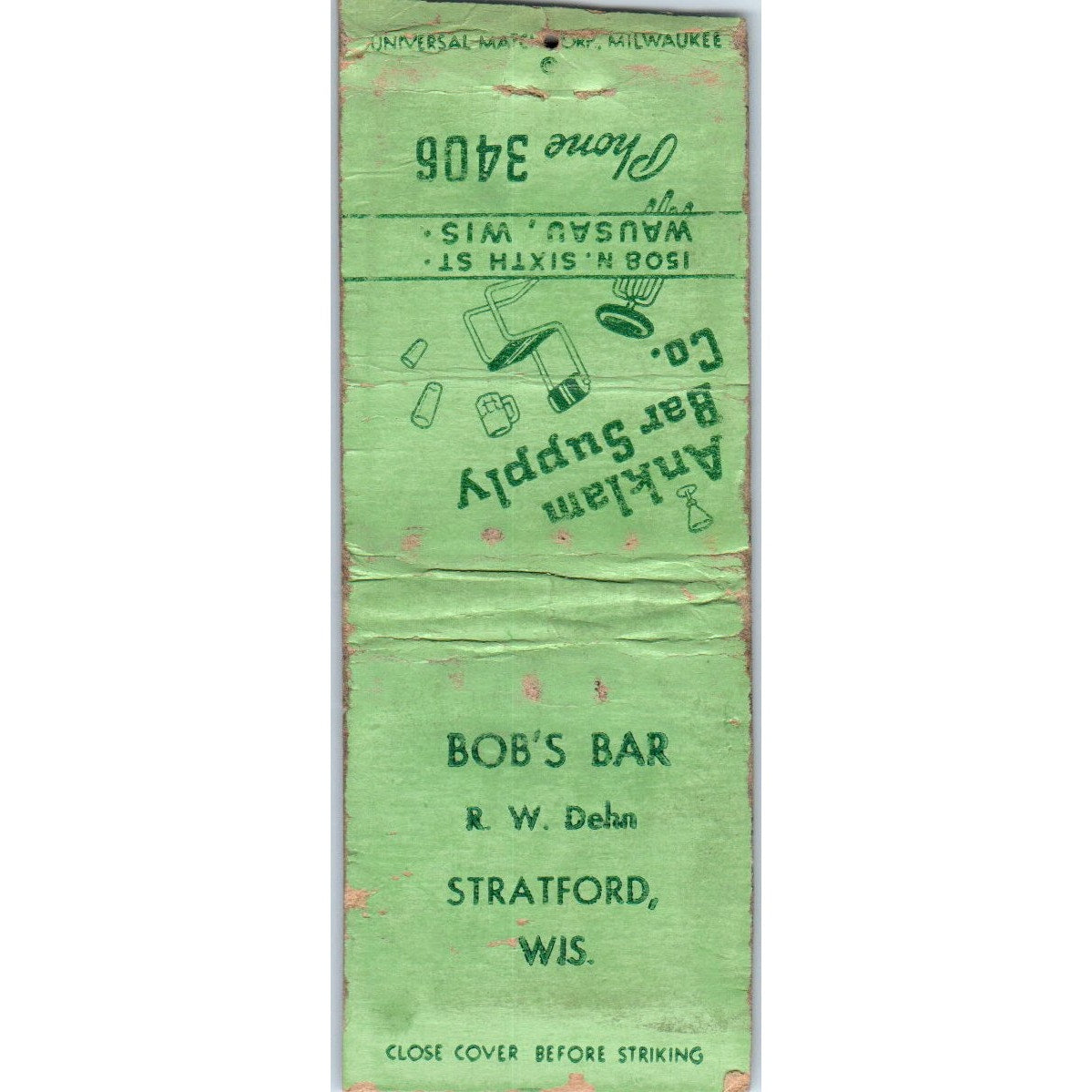 Anklam Bar Supply Co Wausau WI Vintage Matchbook Cover SD4-Y13