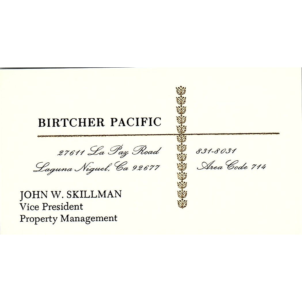 John W Skillman Birtcher Pacific Laguna Niguel CA Vintage Business Card SE3-B14