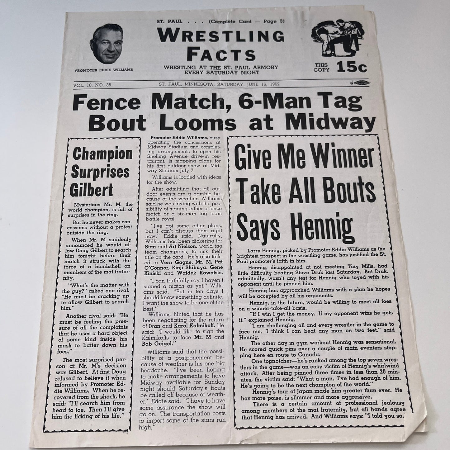 Doug Gilbert Mr. M Larry Hennig Jun 16 1962 Wrestling Facts Program & Card V1-3