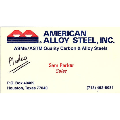 Sam Parker American Alloy Steel Inc Houston Vintage Business Card SC9-B12