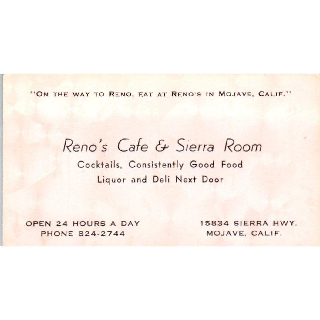 Reno's Cafe & Sierra Room Mojave CA Vintage Business Card SD8-B7