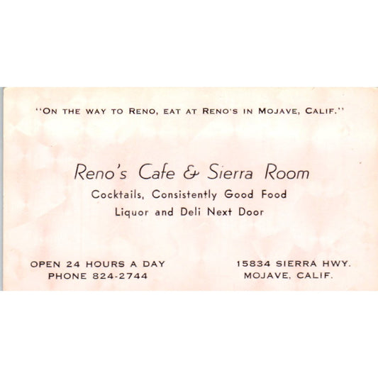 Reno's Cafe & Sierra Room Mojave CA Vintage Business Card SD8-B7