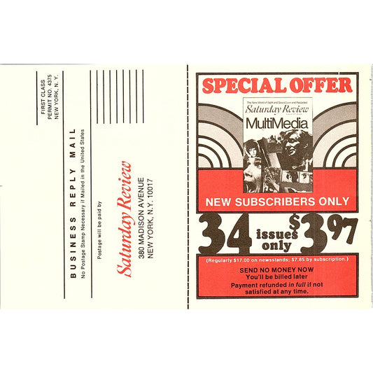 Saturday Review Blank Postal Mailing Card 1972 Ad AF3-16
