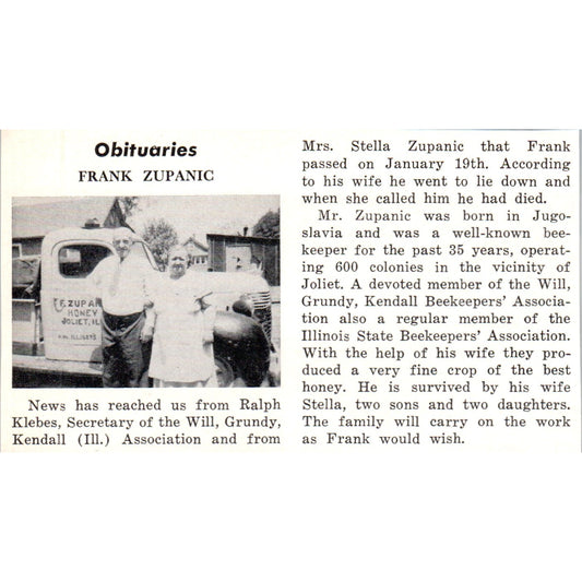 Frank Zupanic Obituary Beekeeper Kendall IL 1961 Magazine Ad AB6-LB