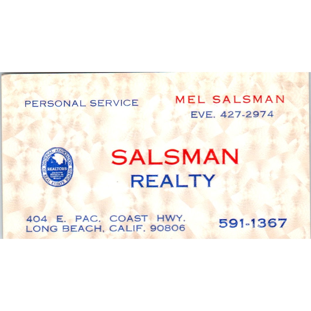 Mel Salsman Realty Long Beach CA Vintage Business Card SD8-B1