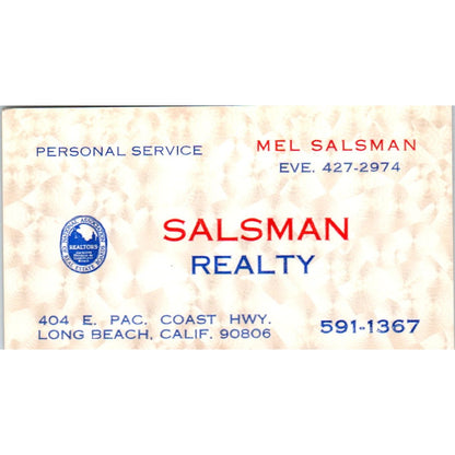 Mel Salsman Realty Long Beach CA Vintage Business Card SD8-B1