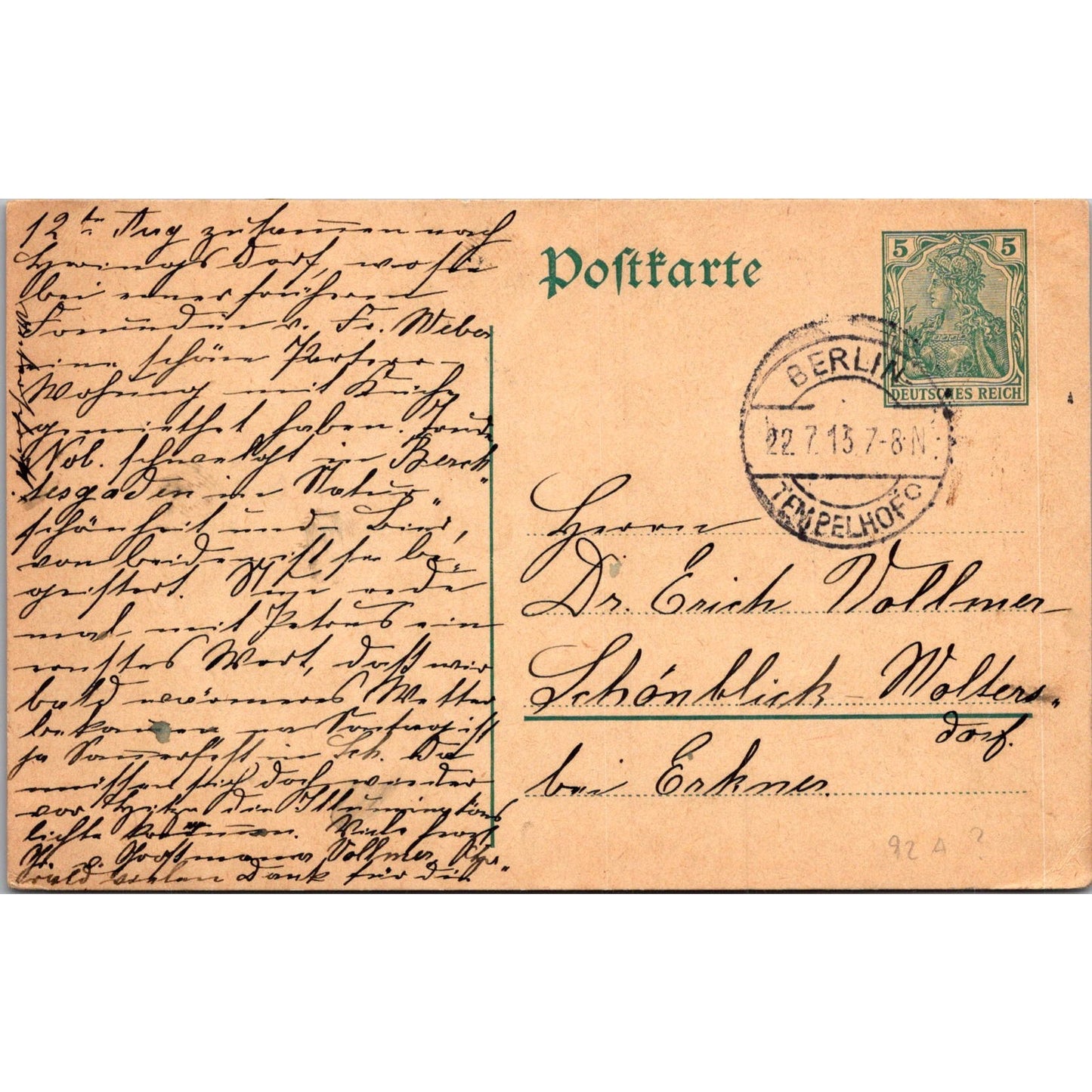 Dr. Erich Vollmer Berlin Tempelhof 1913 German Reich Postcard P5-11
