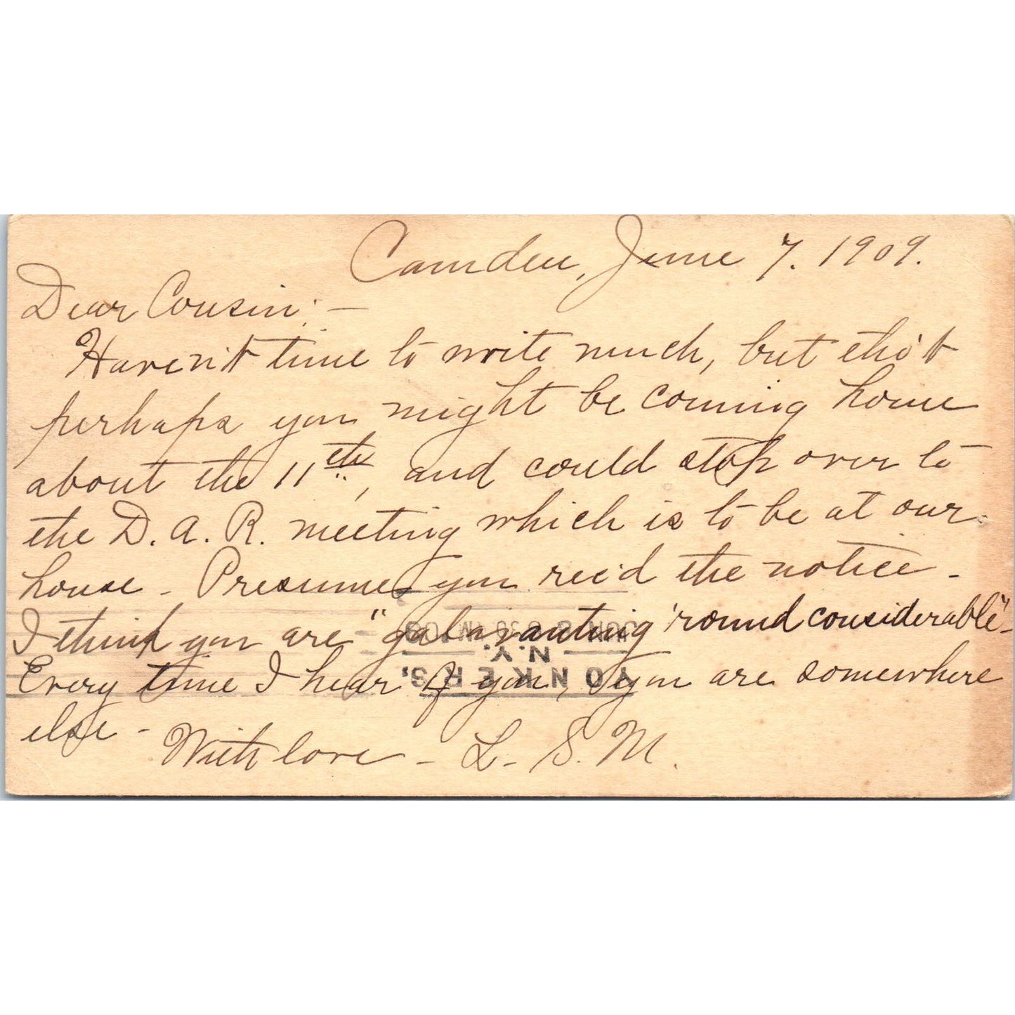 1909 Postal Mailing Card Lelah J. Miller Yonkers NY PD1