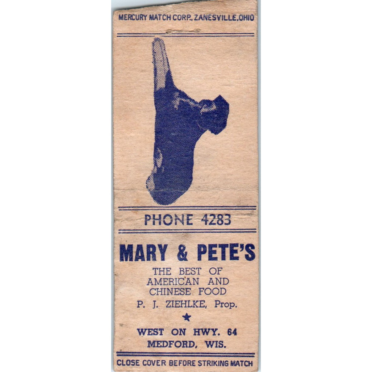 Mary & Petes P.J. Ziehlke Medford WI Vintage Matchbook Cover SD2-Y6