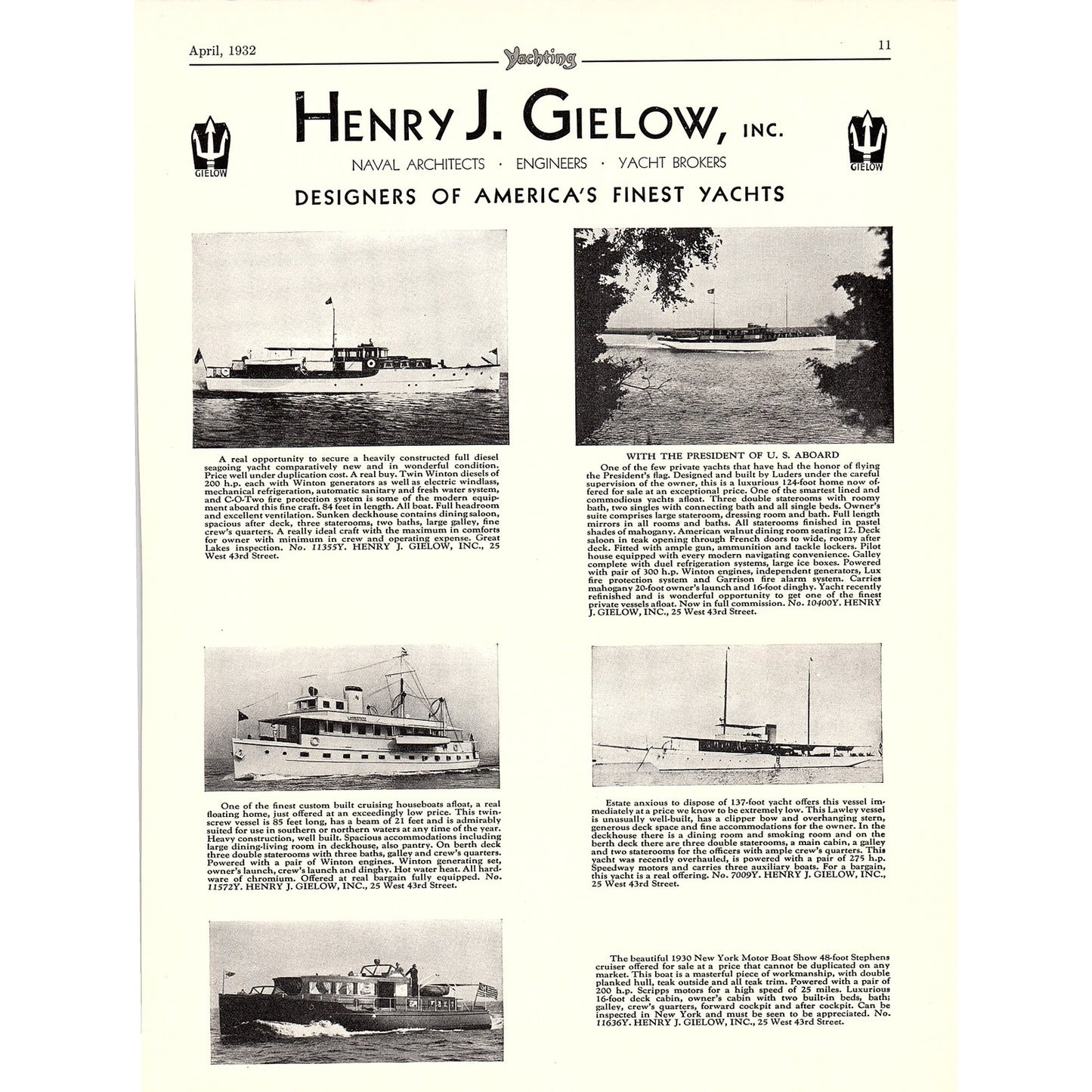 Fr. Luerssen Yachts F.W. Von Meister NY, Henry J. Gielow Yachts 1932 Ad V1-4