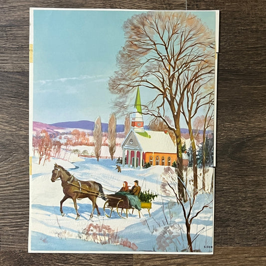 1930s Winter Scene Horse Buggy Ride Snow Kitsch 7x9 Art Print V2