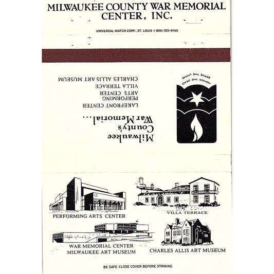 Milwaukee County War Memorial Center Inc Large Vintage Matchbook TB6-MB2-10