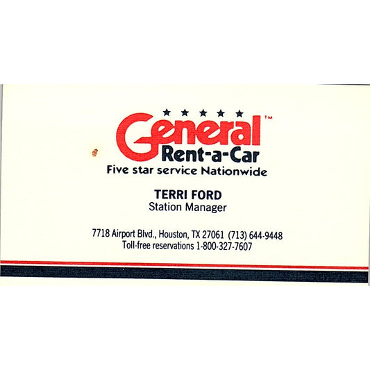 Terri Ford General Rent-A-Car Houston Vintage Business Card SD9-B6