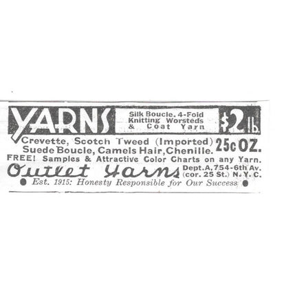 Outlet Yarns 4-Fold Knitting Worsteds & Coat Yarn New York NY 1936 Ad SAG4-S12