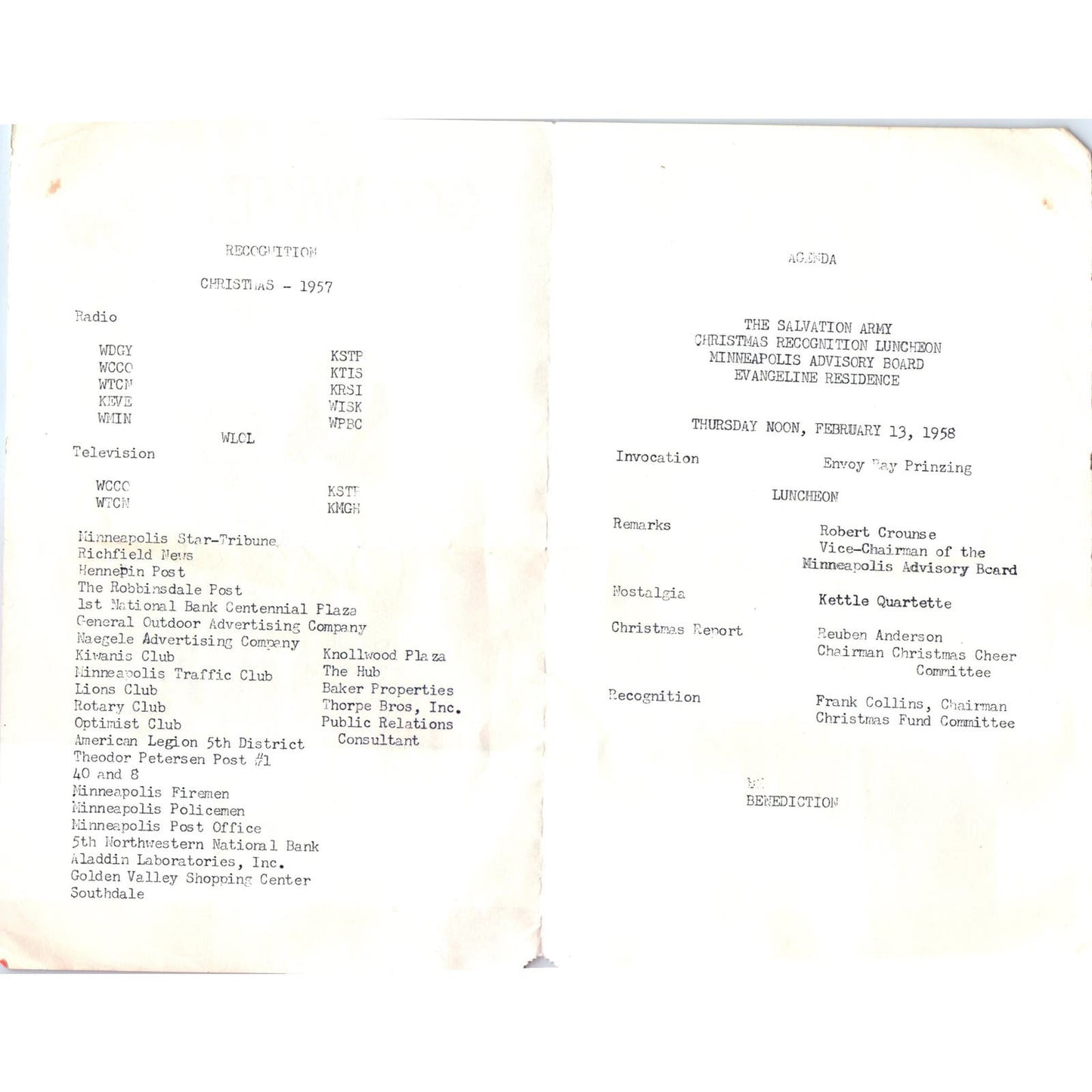 1957 Salvation Army Christmas Recognition Luncheon Program Minneapolis MN AE2