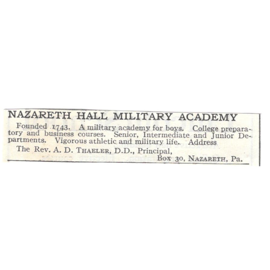 Nazareth Hall Military Academy A.D. Thaeler PA c1918 Advertisement AE5-SA9