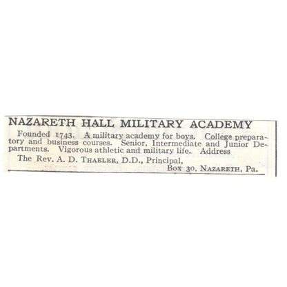 Nazareth Hall Military Academy A.D. Thaeler PA c1918 Advertisement AE5-SA9