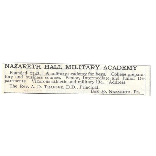 Nazareth Hall Military Academy A.D. Thaeler PA c1918 Advertisement AE5-SA9