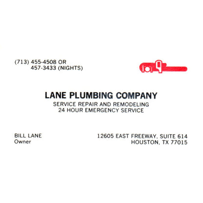 Lane Plumbing Company Bill Lane Houston TX Vintage Business Card SD4-B1