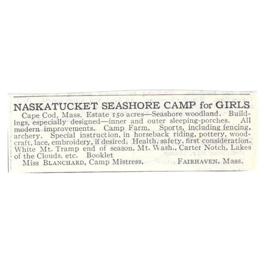 Nasketucket Seashore Camp for Girls Cape Cod MA c1918 Advertisement AE5-SA9