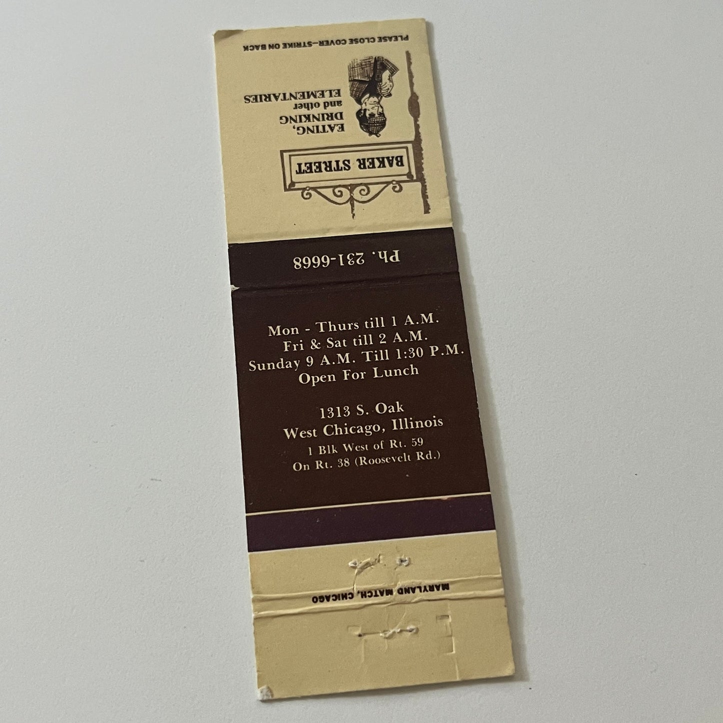 Baker Street Restaurant West Chicago IL Vintage Matchbook Cover MB59-4