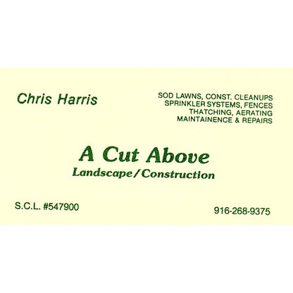 Chri Harris A Cut Above Landscape Sacramento Vintage Business Card SC9-B1