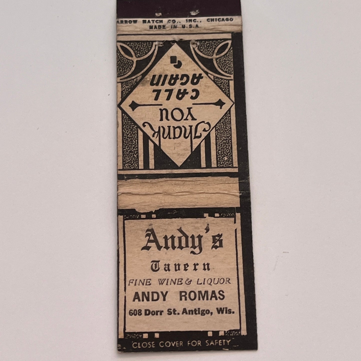 Andy's Tavern Andy Romas St. Antigo WI Vintage Matchbook Cover TB6-MB2-3