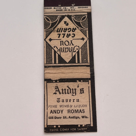 Andy's Tavern Andy Romas St. Antigo WI Vintage Matchbook Cover TB6-MB2-3