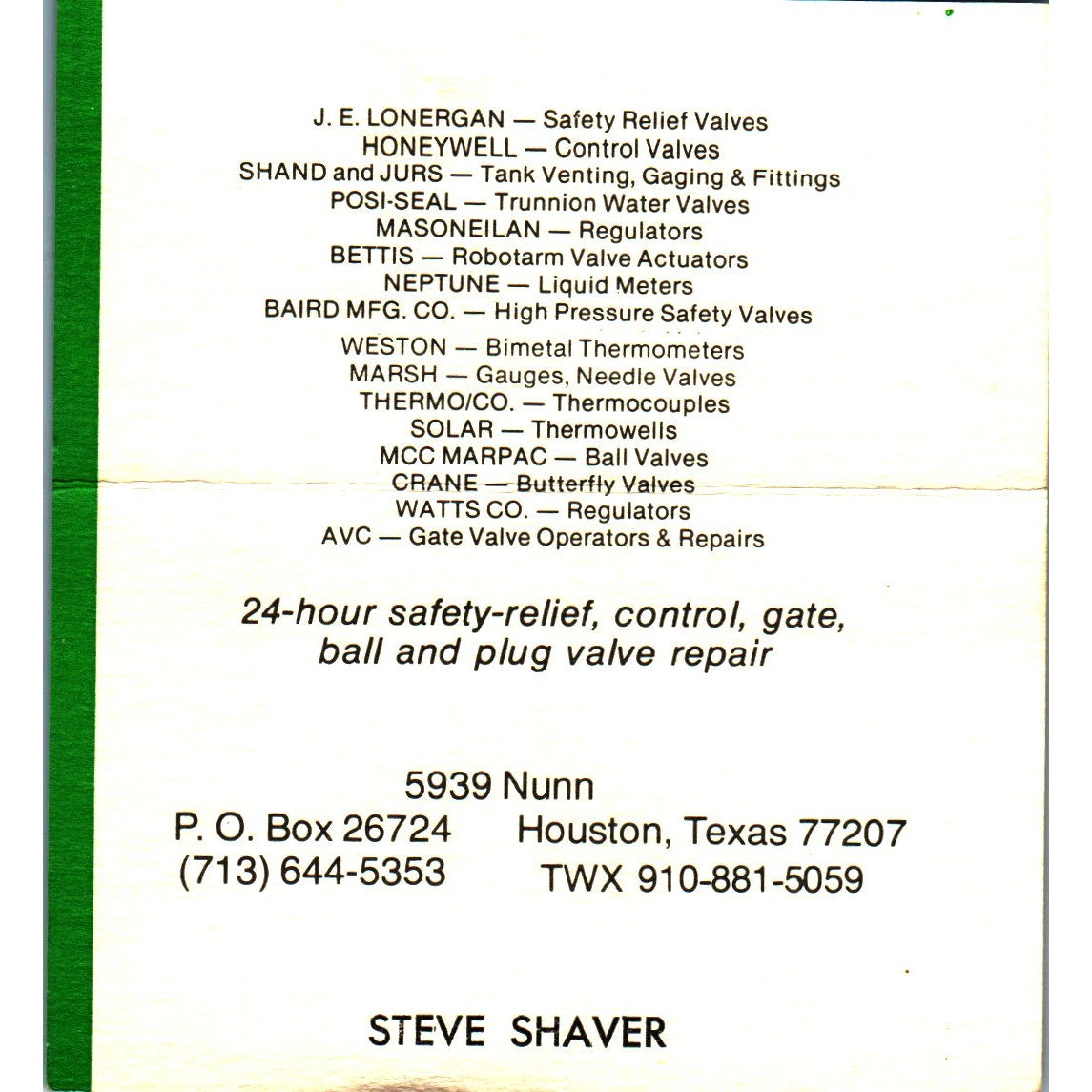 Steve Shaver Control Specialties Inc Houston Vintage Business Card SE3-B10