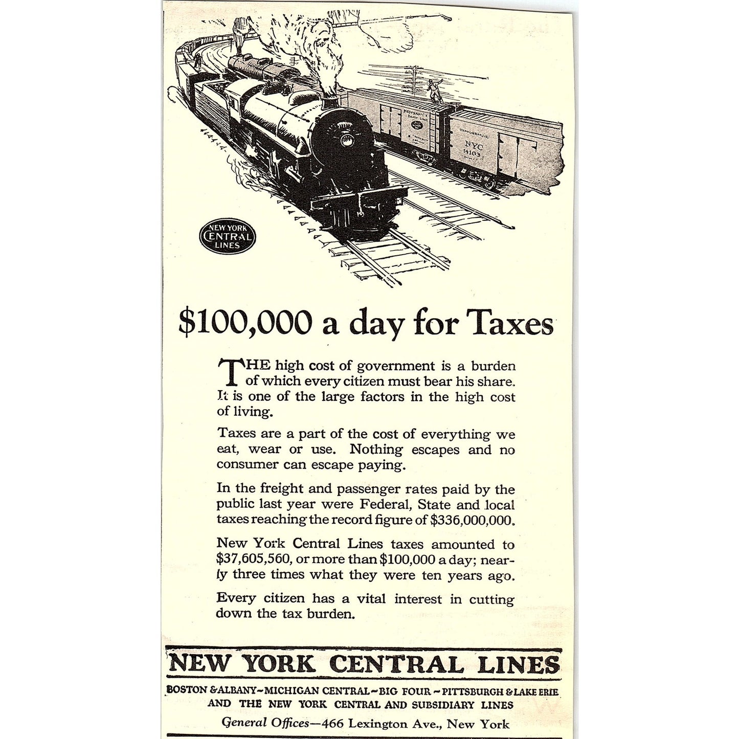 New York Central Lines $100,000 a Day for Taxes 1924 Ad AG3-4