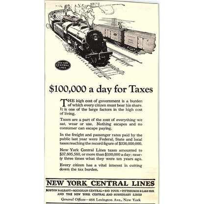 New York Central Lines $100,000 a Day for Taxes 1924 Ad AG3-4