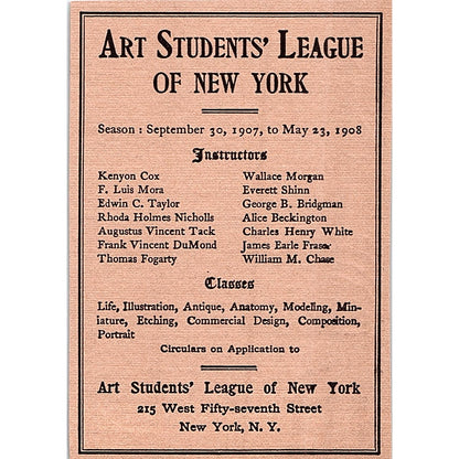 Art Students League of New York Kenyon Cox F. Luis Mora - 1908 Ad AF5-5