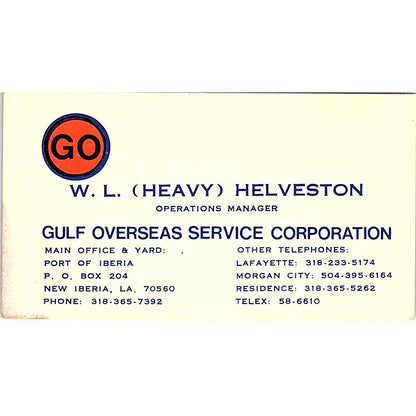 W.L. "Heavy" Helveston Gulf Overseas Service New Iberia LA Business Card SC9-B6