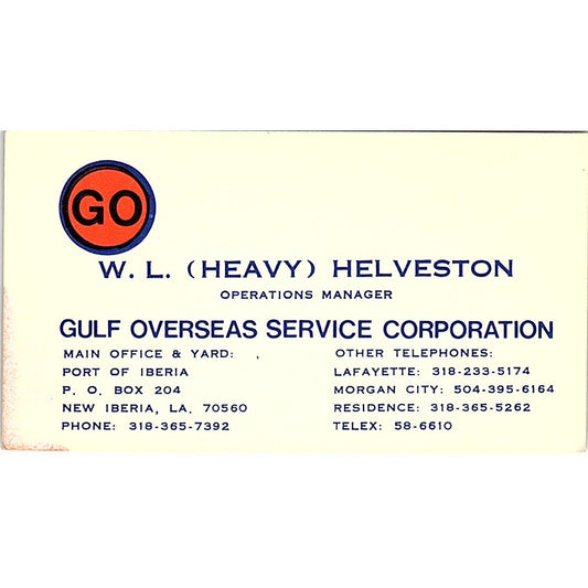 W.L. "Heavy" Helveston Gulf Overseas Service New Iberia LA Business Card SC9-B6