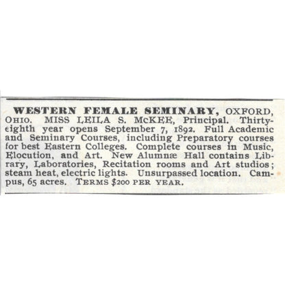 Western Female Seminary Leila S. McKee Oxford Ohio 1892 Ad AG2-S22