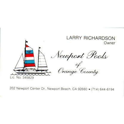 Newport Pools of Orange County Larry Richardson CA Business Card SD4-B2