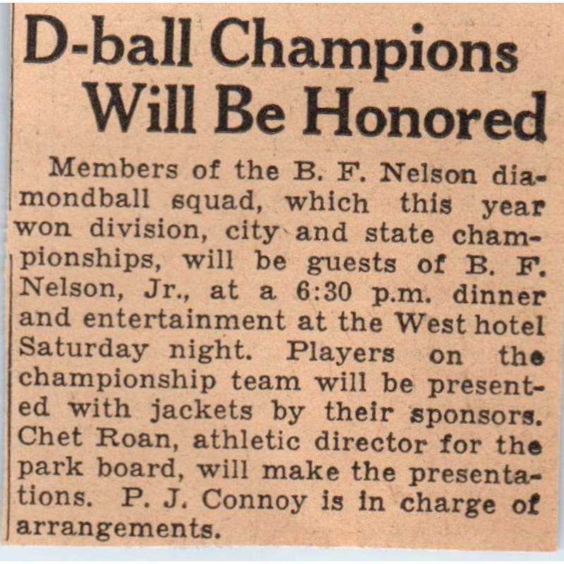 B.F. Nelson Diamondball Team Honored 1935 Minneapolis Journal Article AE7-N6
