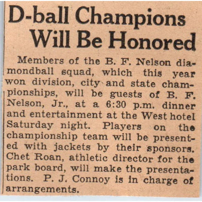 B.F. Nelson Diamondball Team Honored 1935 Minneapolis Journal Article AE7-N6