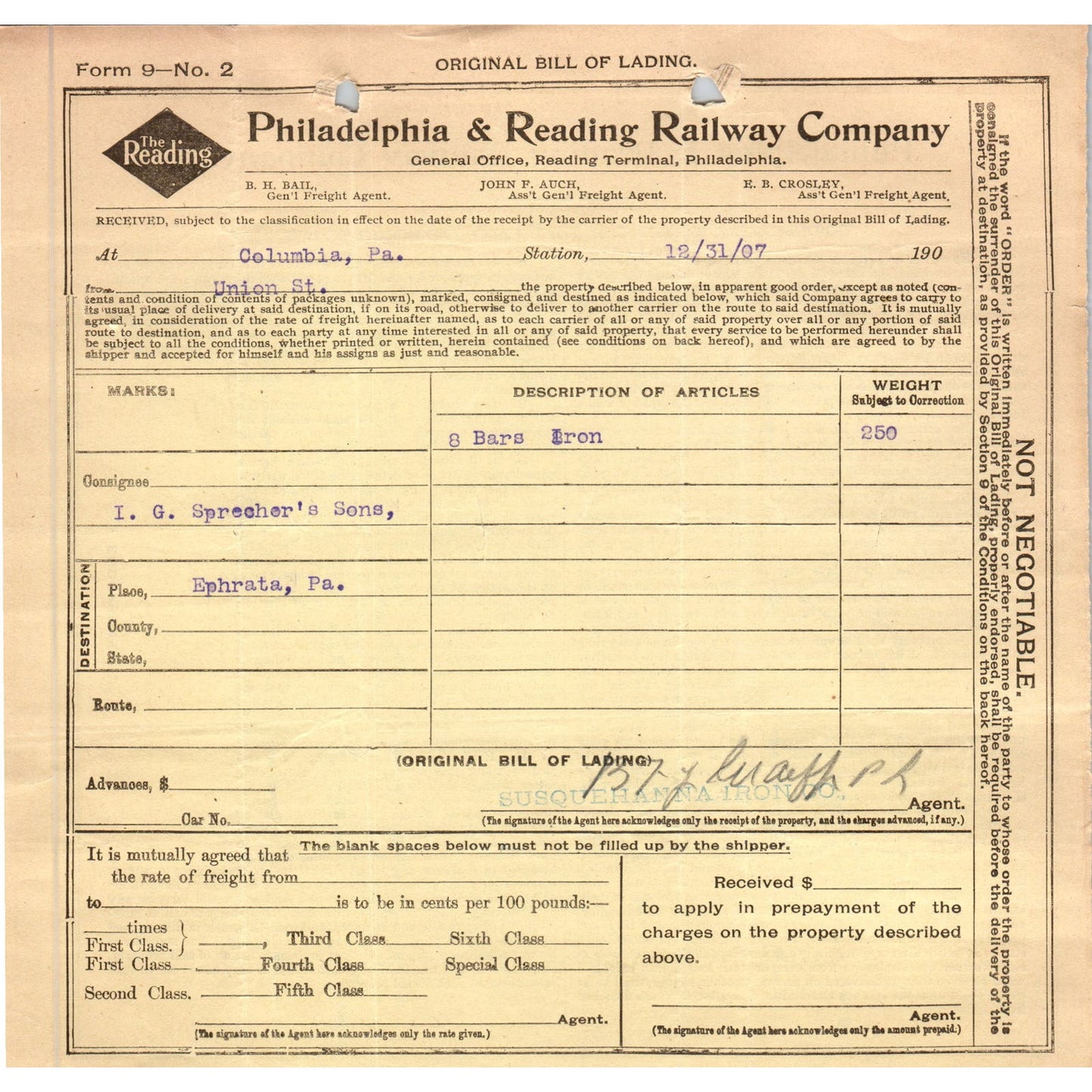1907 Philadelphia & Reading Railway Company Waybill Billhead Receipt D11