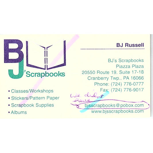 BJ Scrapbooks BJ Russell Cranberry Twp PA Vintage Business Card SC9-B8