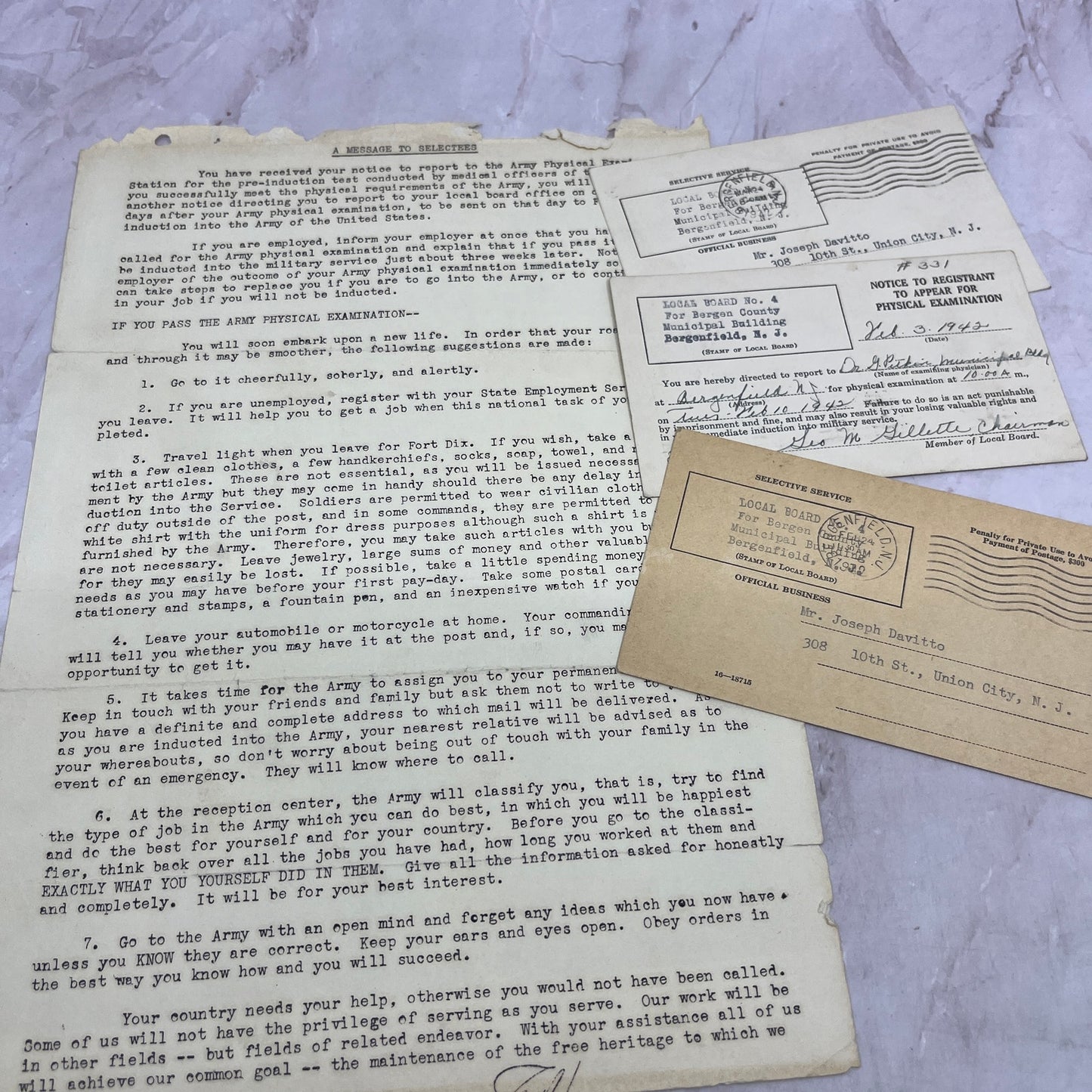 c1942 WWII Army Selective Service Ephemera Lot Union City Bergenfield NJ D22