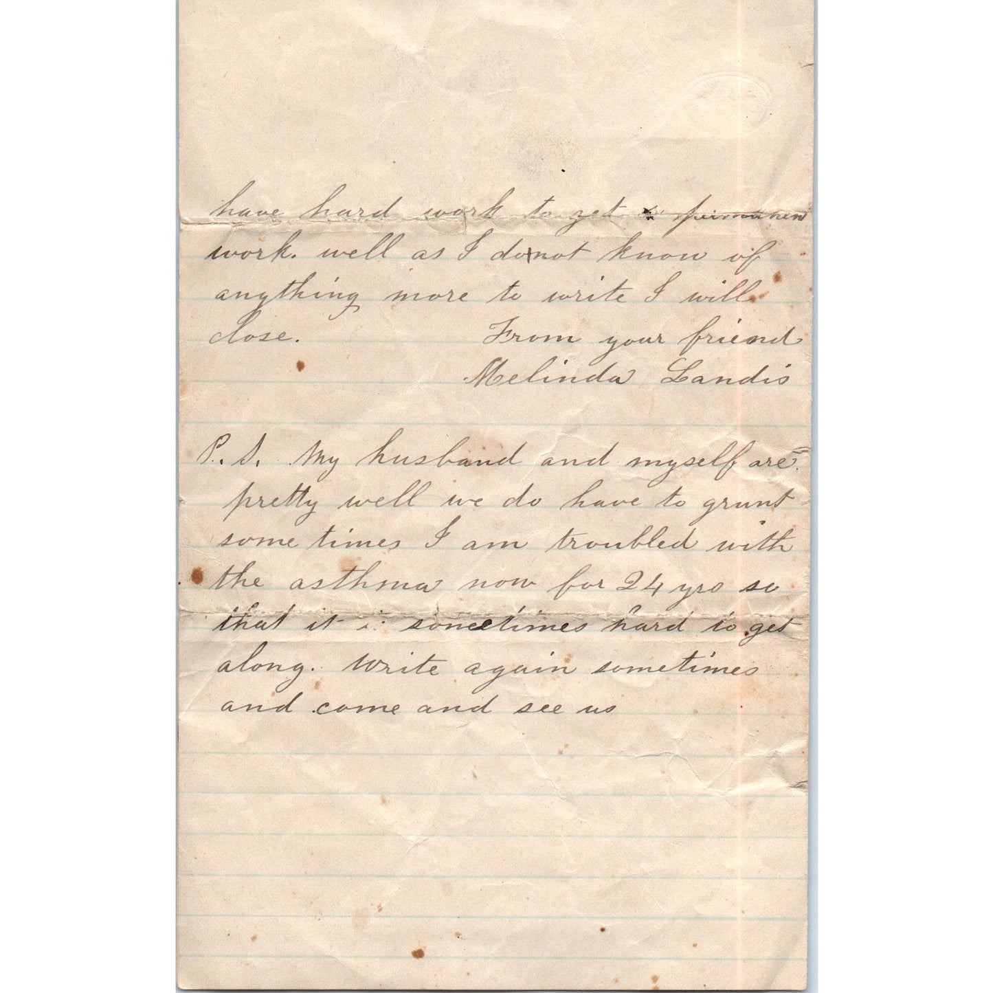 1889 Handwritten Letter Melinda Landis Rock Falls D23