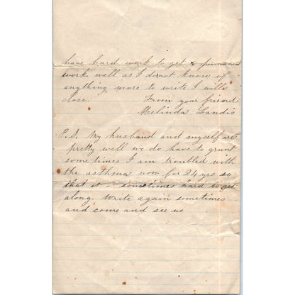 1889 Handwritten Letter Melinda Landis Rock Falls D23