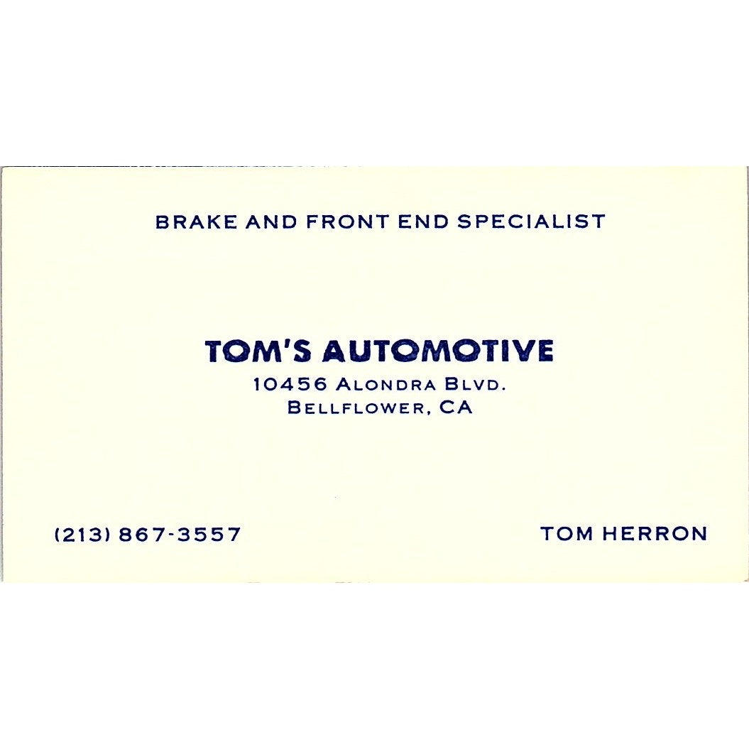 Tom Herron Tom's Automotive Bellflower CA Vintage Business Card SE3-B13